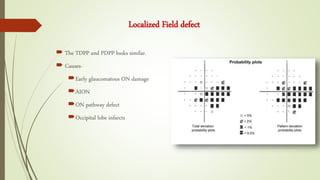 Localized Field defect
 The TDPP and PDPP looks similar.
 Causes-
Early glaucomatous ON damage
AION
ON pathway defect
Occipital lobe infarcts
 