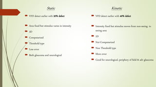 Static Kinetic
 VFD detect earlier with 20% defect
 Area fixed but stimulus varies in intensity
 3D
 Computarized
 Threshold type
 Less error
 Both glaucoma and neurological
 VFD detect earlier with 40% defect
 Intensity fixed but stimulus moves from non-seeing to
seeing area
 2D
 Not Computarized
 Non Threshold type
 More error
 Good for neurological, periphery of field & adv glaucoma
 
