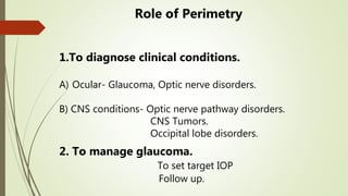 Role of Perimetry
1.To diagnose clinical conditions.
A) Ocular- Glaucoma, Optic nerve disorders.
B) CNS conditions- Optic nerve pathway disorders.
CNS Tumors.
Occipital lobe disorders.
2. To manage glaucoma.
To set target IOP
Follow up.
 