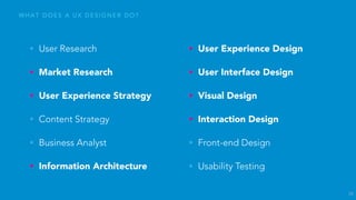 T H E U X D E S I G N P R O C E S S
U S E R R E S E A R C H E R , M A R K E T R E S E A R C H E R , U S E R
E X P E R I E N C E S T R AT E G I S T, C O N T E N T S T R AT E G I S T,
B U S I N E S S A N A LY S T, I N F O R M AT I O N A R C H I T E C T
U S E R E X P E R I E N C E D E S I G N E R , U S E R I N T E R FA C E
D E S I G N E R , V I S U A L D E S I G N E R , I N T E R A C T I O N D E S I G N E R ,
F R O N T- E N D D E S I G N E R , U S A B I L I T Y S P E C I A L I S T 39
RESEARCH
widening opportunity
DESIGNnarrowing focus
Iterative
Development
BUSINESS
GOALS
COMPETITIVE
LANDSCAPE
USER NEEDS
+ INSIGHTS
DESIGN
TESTING +
VALIDATION
UX STRATEGY
Opportunity
Landscape
Scope +
Priorities
 