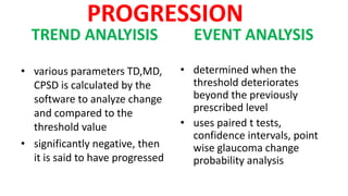 PROGRESSION
TREND ANALYISIS
• various parameters TD,MD,
CPSD is calculated by the
software to analyze change
and compared to the
threshold value
• significantly negative, then
it is said to have progressed
EVENT ANALYSIS
• determined when the
threshold deteriorates
beyond the previously
prescribed level
• uses paired t tests,
confidence intervals, point
wise glaucoma change
probability analysis
 