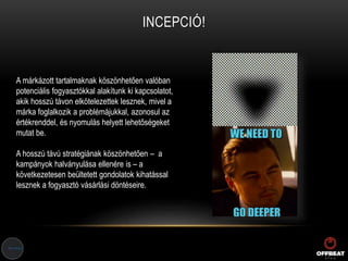 INCEPCIÓ!
A márkázott tartalmaknak köszönhetően valóban
potenciális fogyasztókkal alakítunk ki kapcsolatot,
akik hosszú távon elkötelezettek lesznek, mivel a
márka foglalkozik a problémájukkal, azonosul az
értékrenddel, és nyomulás helyett lehetőségeket
mutat be.
A hosszú távú stratégiának köszönhetően – a
kampányok halványulása ellenére is – a
következetesen beültetett gondolatok kihatással
lesznek a fogyasztó vásárlási döntéseire.
 