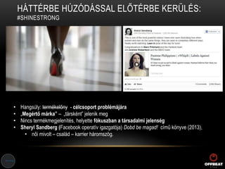 HÁTTÉRBE HÚZÓDÁSSAL ELŐTÉRBE KERÜLÉS:
#SHINESTRONG
• Hangsúly: termékelőny - célcsoport problémájára
• „Megértő márka” – „társként” jelenik meg
• Nincs termékmegjelenítés, helyette fókuszban a társadalmi jelenség
• Sheryl Sandberg (Facebook operatív igazgatója) Dobd be magad! című könyve (2013),
• női mivolt – család – karrier háromszög.
 