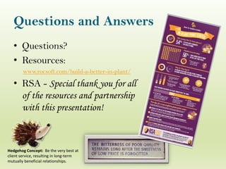 Questions and Answers
• Questions?
• Resources:
www.rocsoft.com/build-a-better-in-plant/
• RSA - Special thank you for all the
of the resources and partnership
with this presentation!
Hedgehog Concept: Be the very best at
client service, resulting in long-term
mutually beneficial relationships.
 
