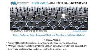 The	
  Day	
  Ahead	
  
•  Some	
  of	
  the	
  latest	
  Graphene	
  developments,	
  especially	
  applica9ons	
  
•  We	
  will	
  get	
  a	
  perspec9ve	
  of	
  “Other	
  Carbon-­‐based	
  Materials”	
  and	
  applica9ons	
  
•  Learn	
  about	
  alterna9ve	
  materials	
  that	
  fulﬁl	
  a	
  similar	
  role.	
  
Chair:	
  Professor	
  Peter	
  Dobson	
  (WMG	
  and	
  The	
  Queen’s	
  College	
  Oxford)	
  
	
  
www.hvm-­‐uk.com	
  
 