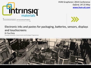 Electronic	
  inks	
  and	
  pastes	
  for	
  packaging,	
  ba4eries,	
  sensors,	
  displays	
  
and	
  touchscreens	
  
Dr	
  Paul	
  Reip	
  
Founder	
  &	
  Director,	
  Government	
  and	
  Strategic	
  Programmes	
  
HVM	
  Graphene+	
  2014	
  Conference	
  
Oxford,	
  UK	
  15	
  May	
  
www.hvm-­‐uk.com	
  
 