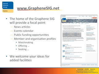 Knowledge	
  Transfer	
  Networks	
  	
  
Accelera4ng	
  business	
  innova4on;	
  	
  
a	
  Technology	
  Strategy	
  Board	
  programme	
  
www.GrapheneSIG.net	
  
•  The	
  home	
  of	
  the	
  Graphene	
  SIG	
  
will	
  provide	
  a	
  focal	
  point	
  
–  News	
  arQcles	
  
–  Events	
  calendar	
  
–  Public	
  funding	
  opportuniQes	
  
–  Member	
  and	
  organisaQon	
  proﬁles	
  
•  Matchmaking	
  
•  Oﬀering	
  …	
  
•  Seeking	
  …	
  
	
  
•  We	
  welcome	
  your	
  ideas	
  for	
  
added	
  faciliQes	
  
 