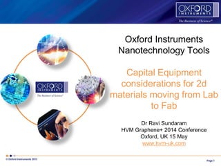Page 1
© Oxford Instruments 2013
The Business of Science®
Oxford Instruments
Nanotechnology Tools
Capital Equipment
considerations for 2d
materials moving from Lab
to Fab
Dr Ravi Sundaram
HVM Graphene+ 2014 Conference
Oxford, UK 15 May
www.hvm-uk.com
 
