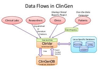 ClinGenDBClinGenDB
Data Flows in ClinGen
Expert
Curated
Variants
Case-level Data
Variant-level Data
ClinVar
Data
Locus-Specific DatabasesLocus-Specific Databases
Clinical LabsClinical Labs ClinicsClinics PatientsPatients
Sharing Clinical
Reports Project
Curation Interface
Free-the-Data
Campaign
Patient Registries
ResearchersResearchers
Unpublished
or
Literature
Citations
InSiGHT
CFTR2PharmGKB
 