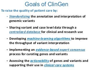 Goals of ClinGen
To raise the quality of patient care by:
• Standardizing the annotation and interpretation of
genomic variants
• Sharing variant and case level data through a
centralized database for clinical and research use
• Developing machine-learning algorithms to improve
the throughput of variant interpretation
• Implementing an evidence-based expert consensus
process for curating genes and variants
• Assessing the actionability of genes and variants and
supporting their use in clinical care systems
 
