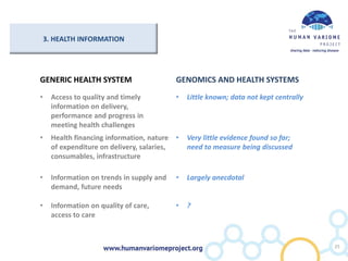 3. HEALTH INFORMATION
GENERIC HEALTH SYSTEM GENOMICS AND HEALTH SYSTEMS
• Access to quality and timely
information on delivery,
performance and progress in
meeting health challenges
• Little known; data not kept centrally
• Health financing information, nature
of expenditure on delivery, salaries,
consumables, infrastructure
• Very little evidence found so far;
need to measure being discussed
• Information on trends in supply and
demand, future needs
• Largely anecdotal
• Information on quality of care,
access to care
• ?
25
 