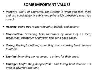 • Integrity- Unity of character, consistency in what you feel, think
and act, consistency in public and private life, practicing what you
preach.
• Honesty- Being true in your thoughts, beliefs, and actions.
• Cooperation- Extending help to others by means of an idea,
suggestion, assistance or physical help for a good cause.
• Caring- Feeling for others, protecting others, causing least damage
to others.
• Sharing- Extending our resources to others for their good.
• Courage- Confronting dangers/risks and taking bold decisions in
even in adverse situations.
SOME IMPORTANT VALUES
 