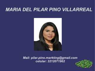 MARIA DEL PILAR PINO VILLARREAL
Mail: pilar.pino.markting@gmail.com
celular: 3212071962
 