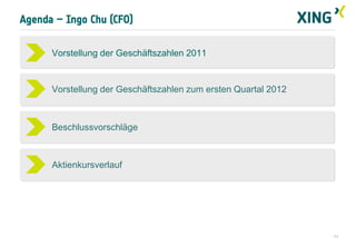 Agenda – Ingo Chu (CFO)


      Vorstellung der Geschäftszahlen 2011


      Vorstellung der Geschäftszahlen zum ersten Quartal 2012



      Beschlussvorschläge



      Aktienkursverlauf




                                                                11
 