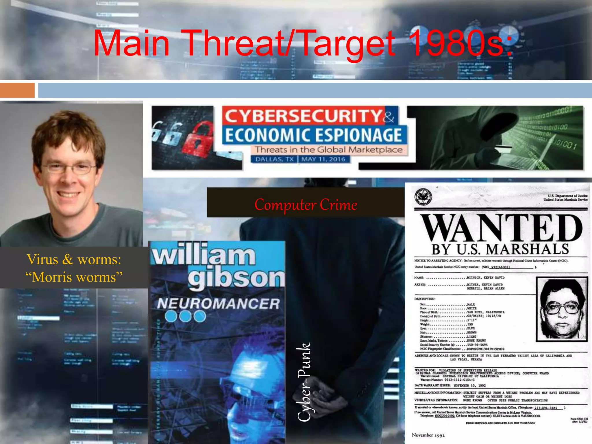 Main Threat/Target 1980s:
Virus & worms:
“Morris worms”
Computer Crime
Cyber-Punk