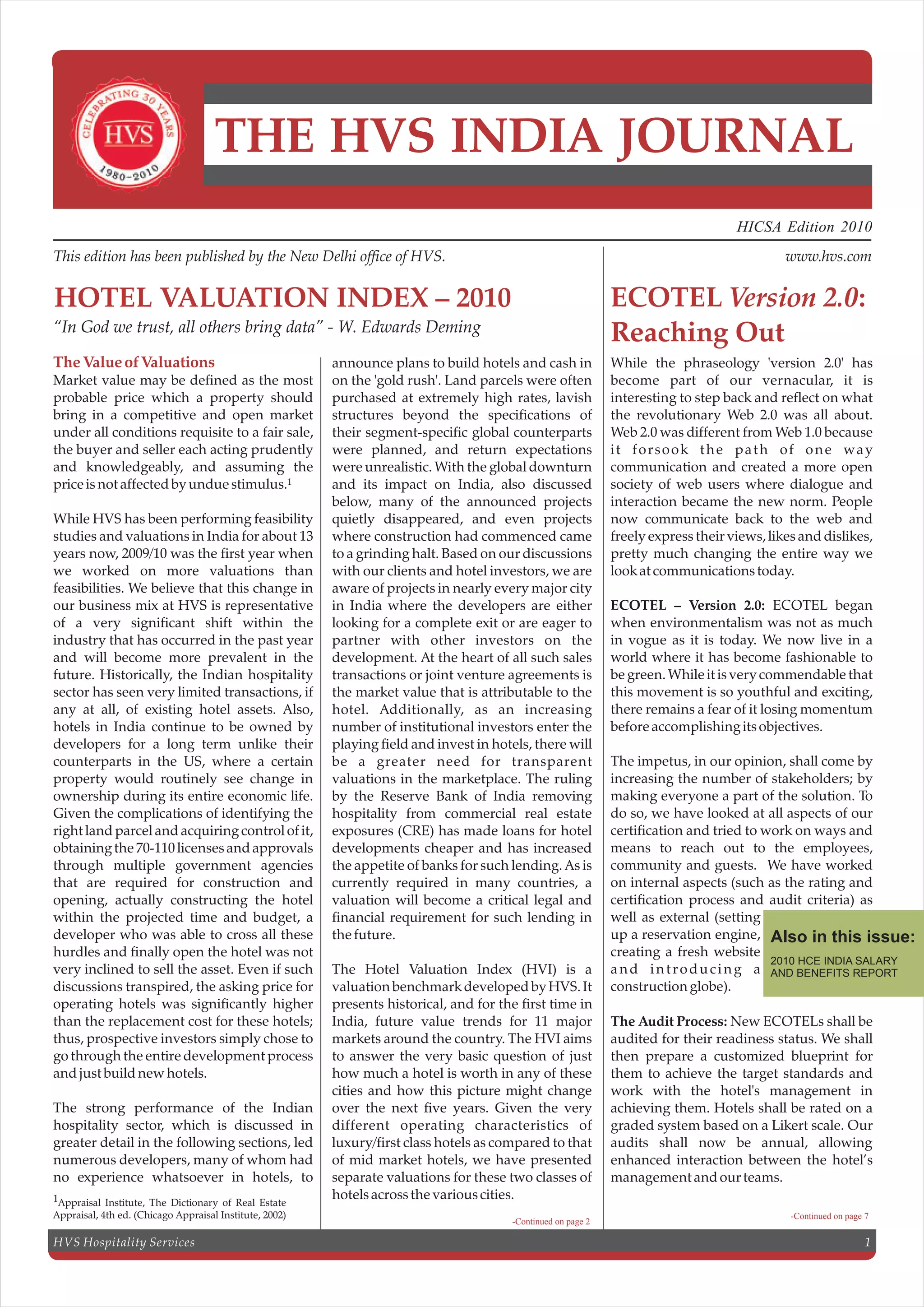 Hvs india hotel valuation index (hvi) 2010 | PDF