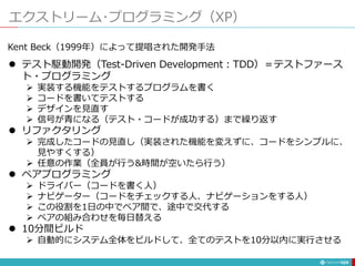 エクストリーム･プログラミング（XP）
124
 テスト駆動開発（Test-Driven Development：TDD）＝テストファース
ト・プログラミング
 実装する機能をテストするプログラムを書く
 コードを書いてテストする
 デザインを見直す
 信号が青になる（テスト・コードが成功する）まで繰り返す
 リファクタリング
 完成したコードの見直し（実装された機能を変えずに、コードをシンプルに、
見やすくする）
 任意の作業（全員が行う&時間が空いたら行う）
 ペアプログラミング
 ドライバー（コードを書く人）
 ナビゲーター（コードをチェックする人、ナビゲーションをする人）
 この役割を1日の中でペア間で、途中で交代する
 ペアの組み合わせを毎日替える
 10分間ビルド
 自動的にシステム全体をビルドして、全てのテストを10分以内に実行させる
Kent Beck（1999年）によって提唱された開発手法
 