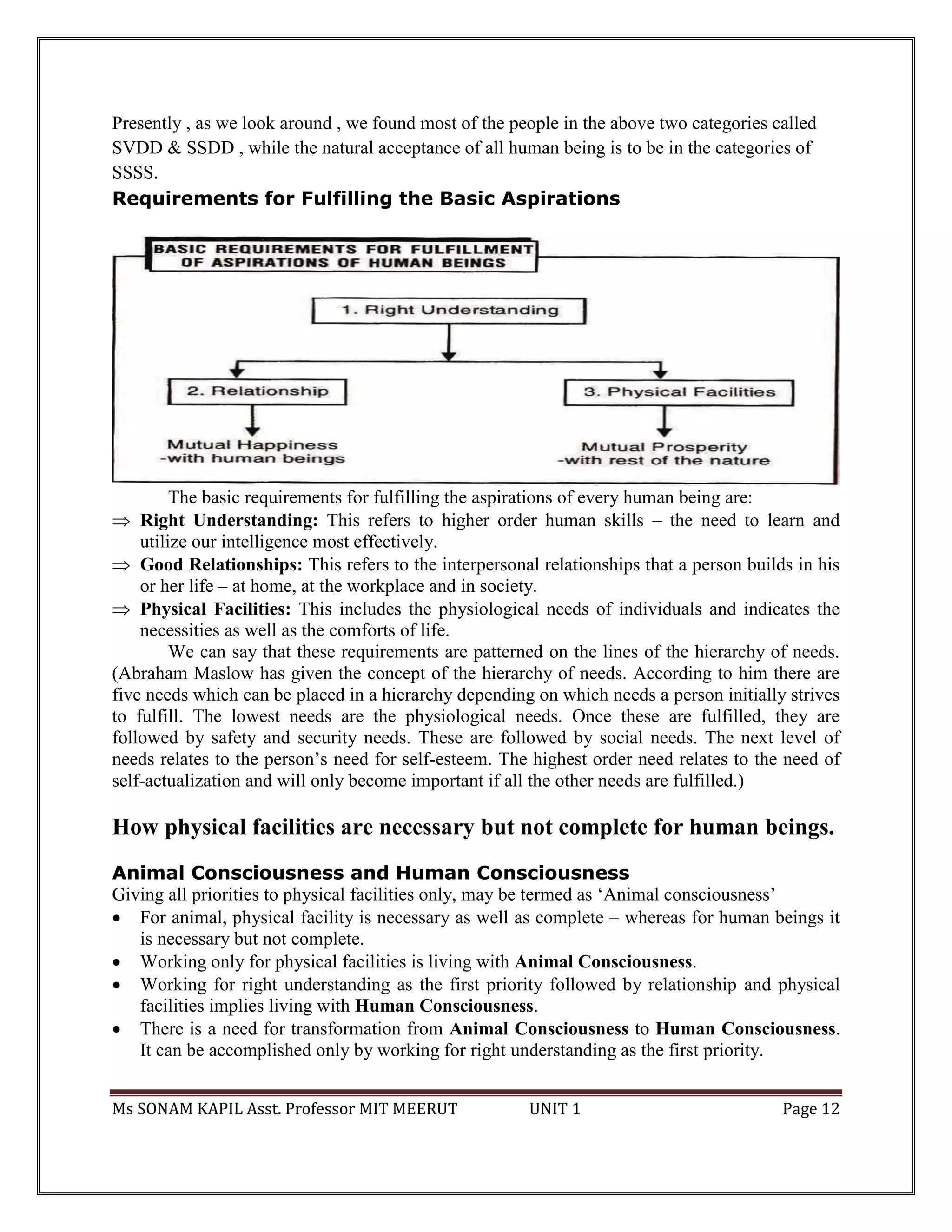 Ms SONAM KAPIL Asst. Professor MIT MEERUT UNIT 1 Page 12
Presently , as we look around , we found most of the people in the above two categories called
SVDD & SSDD , while the natural acceptance of all human being is to be in the categories of
SSSS.
Requirements for Fulfilling the Basic Aspirations
The basic requirements for fulfilling the aspirations of every human being are:
 Right Understanding: This refers to higher order human skills – the need to learn and
utilize our intelligence most effectively.
 Good Relationships: This refers to the interpersonal relationships that a person builds in his
or her life – at home, at the workplace and in society.
 Physical Facilities: This includes the physiological needs of individuals and indicates the
necessities as well as the comforts of life.
We can say that these requirements are patterned on the lines of the hierarchy of needs.
(Abraham Maslow has given the concept of the hierarchy of needs. According to him there are
five needs which can be placed in a hierarchy depending on which needs a person initially strives
to fulfill. The lowest needs are the physiological needs. Once these are fulfilled, they are
followed by safety and security needs. These are followed by social needs. The next level of
needs relates to the person’s need for self-esteem. The highest order need relates to the need of
self-actualization and will only become important if all the other needs are fulfilled.)
How physical facilities are necessary but not complete for human beings.
Animal Consciousness and Human Consciousness
Giving all priorities to physical facilities only, may be termed as ‘Animal consciousness’
 For animal, physical facility is necessary as well as complete – whereas for human beings it
is necessary but not complete.
 Working only for physical facilities is living with Animal Consciousness.
 Working for right understanding as the first priority followed by relationship and physical
facilities implies living with Human Consciousness.
 There is a need for transformation from Animal Consciousness to Human Consciousness.
It can be accomplished only by working for right understanding as the first priority.
 