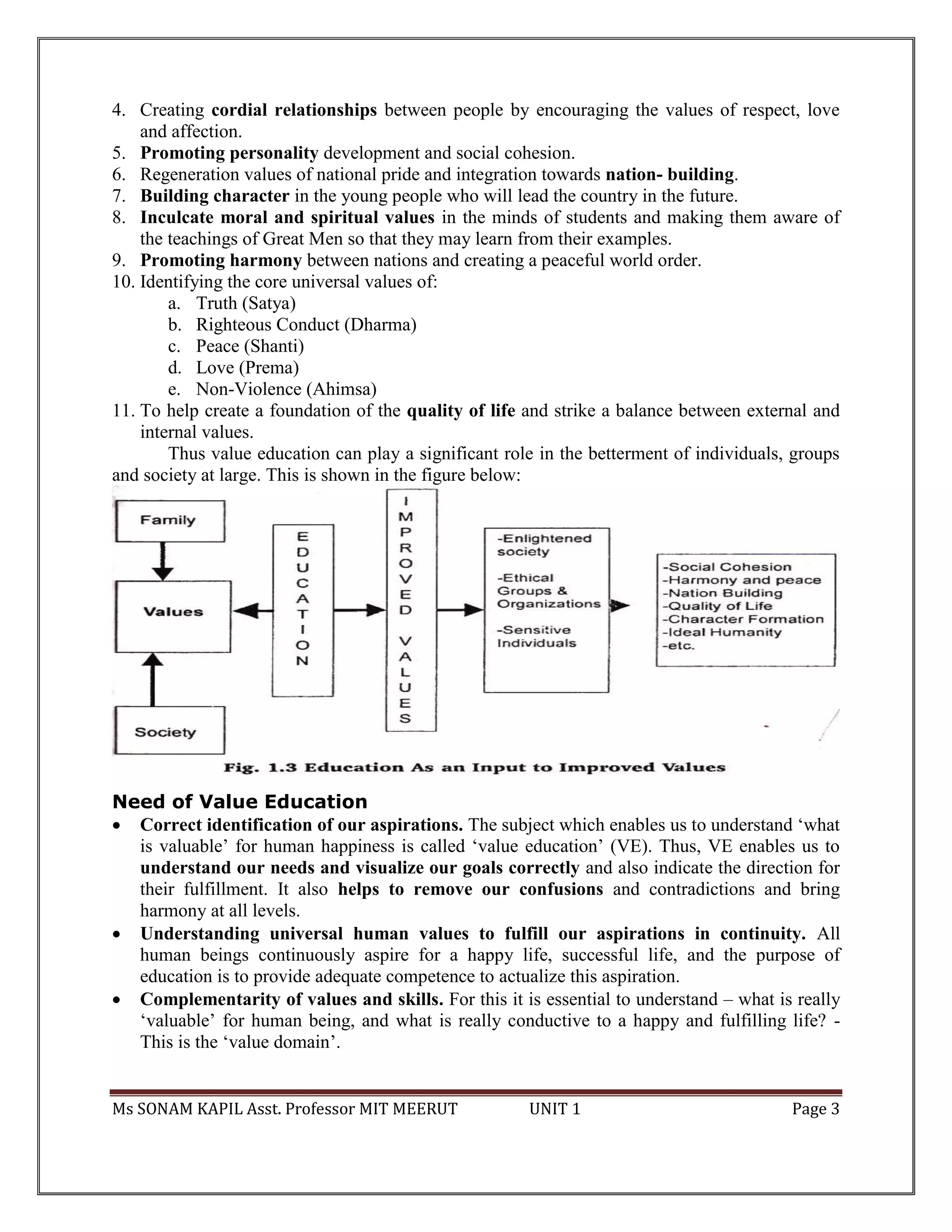Ms SONAM KAPIL Asst. Professor MIT MEERUT UNIT 1 Page 3
4. Creating cordial relationships between people by encouraging the values of respect, love
and affection.
5. Promoting personality development and social cohesion.
6. Regeneration values of national pride and integration towards nation- building.
7. Building character in the young people who will lead the country in the future.
8. Inculcate moral and spiritual values in the minds of students and making them aware of
the teachings of Great Men so that they may learn from their examples.
9. Promoting harmony between nations and creating a peaceful world order.
10. Identifying the core universal values of:
a. Truth (Satya)
b. Righteous Conduct (Dharma)
c. Peace (Shanti)
d. Love (Prema)
e. Non-Violence (Ahimsa)
11. To help create a foundation of the quality of life and strike a balance between external and
internal values.
Thus value education can play a significant role in the betterment of individuals, groups
and society at large. This is shown in the figure below:
Need of Value Education
 Correct identification of our aspirations. The subject which enables us to understand ‘what
is valuable’ for human happiness is called ‘value education’ (VE). Thus, VE enables us to
understand our needs and visualize our goals correctly and also indicate the direction for
their fulfillment. It also helps to remove our confusions and contradictions and bring
harmony at all levels.
 Understanding universal human values to fulfill our aspirations in continuity. All
human beings continuously aspire for a happy life, successful life, and the purpose of
education is to provide adequate competence to actualize this aspiration.
 Complementarity of values and skills. For this it is essential to understand – what is really
‘valuable’ for human being, and what is really conductive to a happy and fulfilling life? -
This is the ‘value domain’.
 