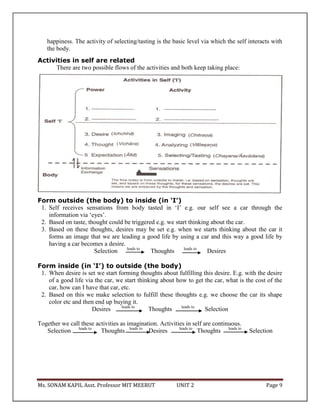Ms. SONAM KAPIL Asst. Professor MIT MEERUT UNIT 2 Page 9
happiness. The activity of selecting/tasting is the basic level via which the self interacts with
the body.
Activities in self are related
There are two possible flows of the activities and both keep taking place:
Form outside (the body) to inside (in ‘I’)
1. Self receives sensations from body tasted in ‘I’ e.g. our self see a car through the
information via ‘eyes’.
2. Based on taste, thought could be triggered e.g. we start thinking about the car.
3. Based on these thoughts, desires may be set e.g. when we starts thinking about the car it
forms an image that we are leading a good life by using a car and this way a good life by
having a car becomes a desire.
Selection leads to
Thoughts leads to
Desires
Form inside (in ‘I’) to outside (the body)
1. When desire is set we start forming thoughts about fulfilling this desire. E.g. with the desire
of a good life via the car, we start thinking about how to get the car, what is the cost of the
car, how can I have that car, etc.
2. Based on this we make selection to fulfill these thoughts e.g. we choose the car its shape
color etc and then end up buying it.
Desires leads to
Thoughts leads to
Selection
Together we call these activities as imagination. Activities in self are continuous.
Selection leads to
Thoughts leads to
Desires leads to
Thoughts leads to
Selection
 