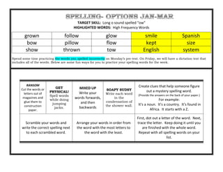 TARGET SKILL: Long o sound spelled “ow”
                                        HIGHLIGHTED WORDS: High Frequency Words

        grown                     follow                      glow                     smile                         Spanish
         bow                      pillow                      flow                     kept                            size
        show                     thrown                       tow                     English                        system
Spend some time practicing the words you spelled incorrectly on Monday’s pre-test. On Friday, we will have a dictation test that
includes all of the words. Below are some fun ways for you to practice your spelling words for the week.




          RANSOM                                                                   Create clues that help someone figure
                            GET            MIXED UP
      Cut the words or                                        SOAPY SUDSY              out a mystery spelling word.
                         PHYSICAL!         Write your
       letters out of                                        Write each word
                         Spell words                                               (Provide the answers on the back of your paper.)
       magazines and                     words forwards,          in the
                         while doing                                                             For example:
        glue them to                        and then         condensation of
                          jumping                                                  It’s a noun. It’s a country. It’s found in
        construction                                         the shower wall.
                           jacks.          backwards
           paper.                                                                          Africa. It starts with a Z.

                                                                                  First, dot out a letter of the word. Next,
        Scramble your words and           Arrange your words in order from        trace the letter. Keep doing it until you
      write the correct spelling next     the word with the most letters to           are finished with the whole word.
        to each scrambled word.               the word with the least.             Repeat with all spelling words on your
                                                                                                       list.
 