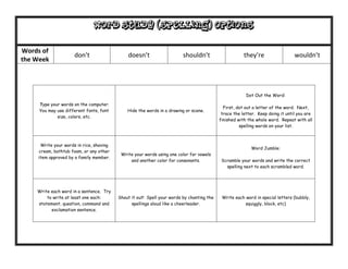 Word Study (Spelling) options

Words of
                     don’t                   doesn’t                    shouldn’t                     they’re                  wouldn’t
the Week




                                                                                                       Dot Out the Word:

     Type your words on the computer.
                                                                                            First, dot out a letter of the word. Next,
     You may use different fonts, font       Hide the words in a drawing or scene.
                                                                                           trace the letter. Keep doing it until you are
             size, colors, etc.
                                                                                          finished with the whole word. Repeat with all
                                                                                                    spelling words on your list.



     Write your words in rice, shaving
                                                                                                         Word Jumble:
    cream, bathtub foam, or any other
                                          Write your words using one color for vowels
    item approved by a family member.
                                              and another color for consonants.            Scramble your words and write the correct
                                                                                             spelling next to each scrambled word.




    Write each word in a sentence. Try
        to write at least one each:      Shout it out! Spell your words by chanting the    Write each word in special letters (bubbly,
    statement, question, command and           spellings aloud like a cheerleader.                    squiggly, block, etc)
          exclamation sentence.
 