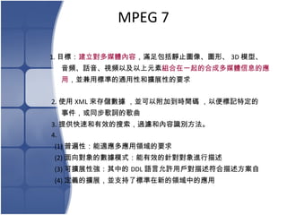 MPEG 7 1. Ŀˣ ýw MoֹD񡢈DΡ 3D ģ͡ lԒҕlԼԪ MһĺϳɶýwϢđ  KØ˜ʵͨԺ͔UչԵҪ 2. ʹ XML 惦 KԸӵrga Աӛض ¼ͬ~ĸ 3. ṩٺЧ^V̓Re  4. (1) ձԣmIҪ (2) ĔģʽЧᘌM (3) ɔUչԏе DDL ZSÑ (4) xĔUչK֧˘˜µIеđ 