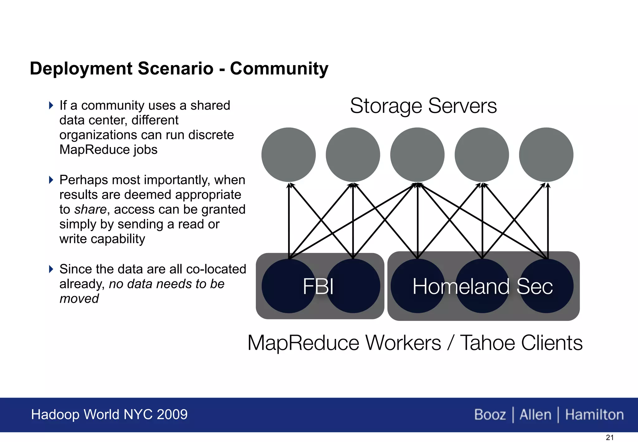 Deployment Scenario - Community
  If a community uses a shared                   Storage Servers
   data center, different
   organizations can run discrete
   MapReduce jobs

  Perhaps most importantly, when
   results are deemed appropriate
   to share, access can be granted
   simply by sending a read or
   write capability

  Since the data are all co-located
   already, no data needs to be
   moved
                                            FBI         Homeland Sec

                                       MapReduce Workers / Tahoe Clients


Hadoop World NYC 2009
                                                                           21
 