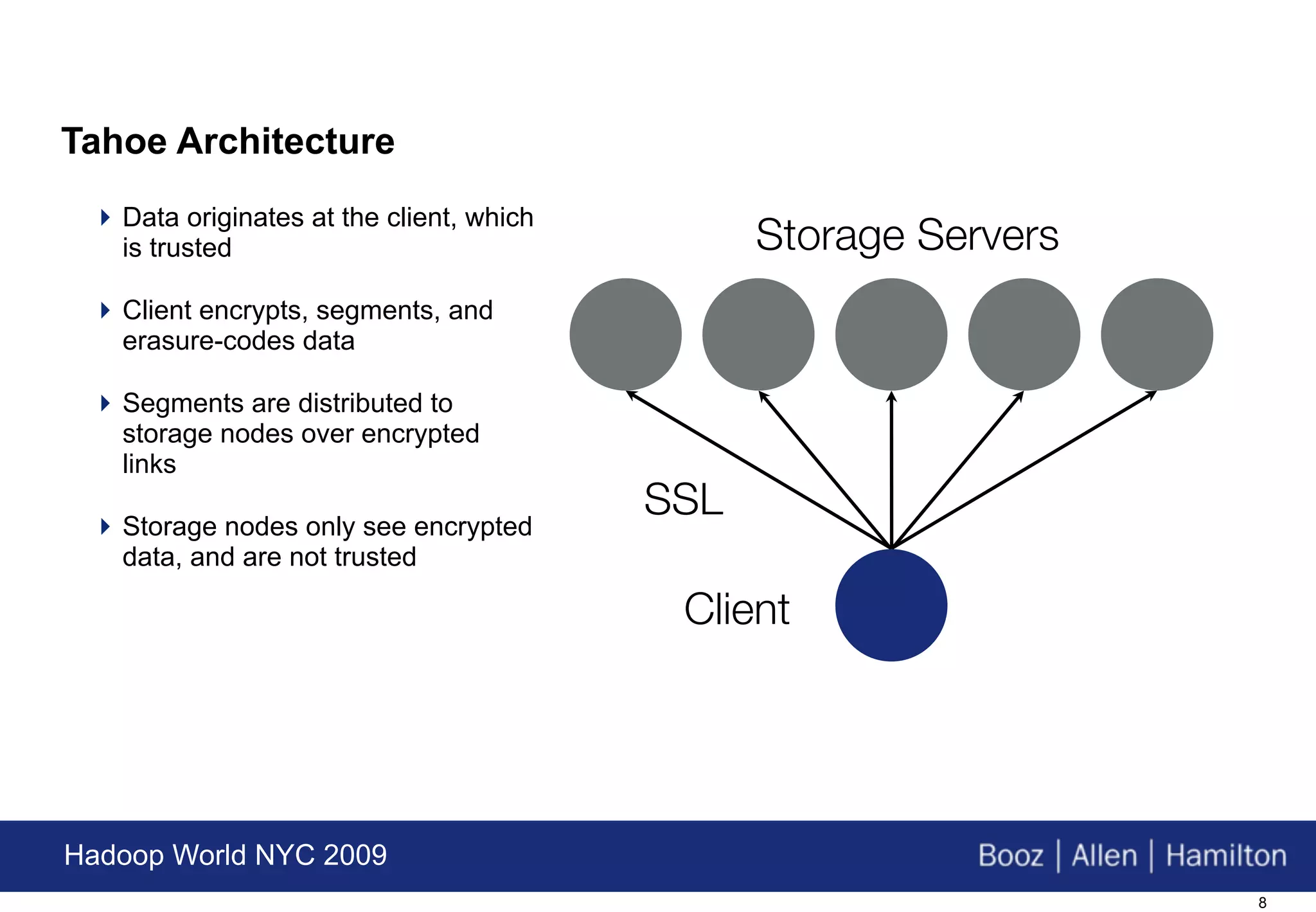 Tahoe Architecture
  Data originates at the client, which
   is trusted                                   Storage Servers
  Client encrypts, segments, and
   erasure-codes data

  Segments are distributed to
   storage nodes over encrypted
   links

  Storage nodes only see encrypted
                                          SSL
   data, and are not trusted

                                           Client




Hadoop World NYC 2009
                                                                  8
 