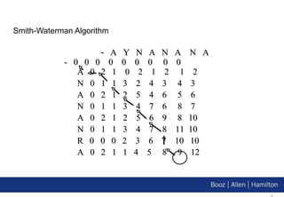 Smith-Waterman Algorithm   -  A  Y  N  A  N  A  N  A   -  0  0  0  0  0  0  0  0  0   A  0  2  1  0  2  1  2  1  2   N  0  1  1  3  2  4  3  4  3   A  0  2  1  2  5  4  6  5  6   N  0  1  1  3  4  7  6  8  7   A  0  2  1  2  5  6  9  8  10   N  0  1  1  3  4  7  8  11  10   R  0  0  0  2  3  6  7  10  10   A  0  2  1  1  4  5  8  9  12 