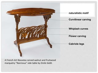 Flower carving
Whiplash curves
naturalistic motif
Cabriole legs
Curvilinear carving
A French Art Nouveau carved walnut and fruitwood
marquetry "Narcissus" side table by Emile Gallé.
 
