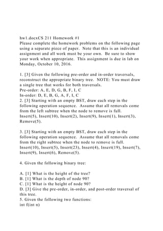 hw1.docxCS 211 Homework #1
Please complete the homework problems on the following page
using a separate piece of paper. Note that this is an individual
assignment and all work must be your own. Be sure to show
your work when appropriate. This assignment is due in lab on
Monday, October 10, 2016.
1. [3] Given the following pre-order and in-order traversals,
reconstruct the appropriate binary tree. NOTE: You must draw
a single tree that works for both traversals.
Pre-order: A, E, D, G, B, F, I, C
In-order: D, E, B, G, A, F, I, C
2. [3] Starting with an empty BST, draw each step in the
following operation sequence. Assume that all removals come
from the left subtree when the node to remove is full.
Insert(5), Insert(10), Insert(2), Insert(9), Insert(1), Insert(3),
Remove(5).
3. [3] Starting with an empty BST, draw each step in the
following operation sequence. Assume that all removals come
from the right subtree when the node to remove is full.
Insert(10), Insert(5), Insert(23), Insert(4), Insert(19), Insert(7),
Insert(9), Insert(6), Remove(5).
4. Given the following binary tree:
A. [1] What is the height of the tree?
B. [1] What is the depth of node 90?
C. [1] What is the height of node 90?
D. [3] Give the pre-order, in-order, and post-order traversal of
this tree.
5. Given the following two functions:
int f(int n)
 