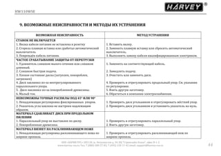 HW110WSE
ООО «ХАРВИ РУС» 105118, ш. Энтузиастов д. 34, БЦ "Стримлайн Плаза", офис В-1-2
www.harvey-rus.ru Тел. 7 (800) 500-27-83, 7 (495) 120-17-42 email: support@harvey-rus.ru 44
9. ВОЗМОЖНЫЕ НЕИСПРАВНОСТИ И МЕТОДЫ ИХ УСТРАНЕНИЯ
ВОЗМОЖНАЯ НЕИСПРАВНОСТЬ МЕТОД УСТРАНЕНИЯ
СТАНОК НЕ ВКЛЮЧАЕТСЯ
1. Вилка кабеля питания не вставлена в розетку 1. Вставить вилку.
2. Сгорела плавкая вставка или сработал автоматический
выключатель
2. Заменить плавкую вставку или сбросить автоматический
выключатель.
3. Повреждён кабель питания. 3. Выполнить замену кабеля квалифицированным электриком.
ЧАСТОЕ СРАБАТЫВАНИЕ ЗАЩИТЫ ОТ ПЕРЕГРУЗКИ
1. Удлинитель слишком малого сечения или слишком
длинный.
1. Заменить на соответствующий кабель.
2. Слишком быстрая подача. 2. Замедлить подачу.
3. Плохое состояние диска (затуплен, покороблен,
загрязнен)
3. Очистить или заменить диск.
4. Диск заклинил из-за неотрегулированного
параллельного упора.
4. Проверить и отрегулировать продольный упор. См. указания
по регулировке.
5. Диск заклинил из-за покоробленной древесины. 5. Взять другую заготовку.
6. Малый ток. 6. Обратиться в компании электроснабжения.
НЕВОЗМОЖНЫ ТОЧНЫЕ РАСПИЛЫ ПОД 45° ИЛИ 90°
1. Ненадлежащая регулировка фиксированных упоров. 1. Проверить диск угольником и отрегулировать жёсткий упор.
2. Указатель угла наклона не настроен надлежащим
образом.
2. Проверить диск угольником и установить указатель на нуль.
МАТЕРИАЛ СДАВЛИВАЕТ ДИСК ПРИ ПРОДОЛЬНОМ
ПИЛЕНИИ
1. Параллельный упор не выставлен по диску. 1. Проверить и отрегулировать параллельный упор.
2. Покоробленная древесина. 2. Взять другую заготовку.
МАТЕРИАЛ ВЯЗНЕТ НА РАСКЛИНИВАЮЩЕМ НОЖЕ
1. Ненадлежащая регулировка расклинивающего ножа по
ширине пропила.
1. Проверить и отрегулировать расклинивающий нож по
ширине пропила.
 