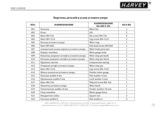 HW110WSE
ООО «ХАРВИ РУС» 105118, ш. Энтузиастов д. 34, БЦ "Стримлайн Плаза", офис В-1-2
www.harvey-rus.ru Тел. 7 (800) 500-27-83, 7 (495) 120-17-42 email: support@harvey-rus.ru 56
Перечень деталей и узлов углового упора
ПОЗ. НАИМЕНОВАНИЕ
НАИМЕНОВАНИЕ
НА АНГЛ. ЯЗ.
КОЛ-ВО
401 Полозок Miter bar 1
402 Клин Gib 2
403 Винт M4-7х6 Set screw M4-7х6 4
404 Винт M4-7х14 Cap screw M4-7х14 2
405 Кольцо углового упора Miter ring 1
406 Винт M5-8х8 Flat head screw M5-8х8 1
407 поворотный палец корпуса углового упора Miter body pivot pin 1
408 Корпус линейки Miter gauge body 1
409 Рукоятка упорного штифта углового упора Miter stop pin knob 1
410 Колодка упорного штифта углового упора Miter stop pin block 1
411 Пружина сжатия Compression spring 1
412 Упорный штифт углового упора Miter stop pin 1
413 Винт M4-7х10 Cap screw M4-7х10 2
414 Шкала указателя углового упора Pointer miter gauge 1
415 Плоская шайба 4 мм Flat washer 4 mm 1
416 Пружинная шайба 4 мм Lock washer 4 mm 1
417 Винт M4-7х6 Phlp hd screw M4-7х6 1
418 Рукоятка углового упора Miter knob 1
419 Увеличенная шайба 10 мм Fender washer 10 mm 1
420 Упор линейки Meter gauge fence 1
421 Квадратная гайка Square nut 3
422 Плоская шайба 6 Flat washer 6 4
 