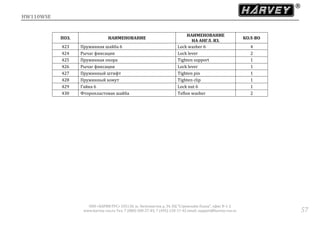 HW110WSE
ООО «ХАРВИ РУС» 105118, ш. Энтузиастов д. 34, БЦ "Стримлайн Плаза", офис В-1-2
www.harvey-rus.ru Тел. 7 (800) 500-27-83, 7 (495) 120-17-42 email: support@harvey-rus.ru 57
ПОЗ. НАИМЕНОВАНИЕ
НАИМЕНОВАНИЕ
НА АНГЛ. ЯЗ.
КОЛ-ВО
423 Пружинная шайба 6 Lock washer 6 4
424 Рычаг фиксации Lock lever 2
425 Пружинная опора Tighten support 1
426 Рычаг фиксации Lock lever 1
427 Пружинный штифт Tighten pin 1
428 Пружинный хомут Tighten clip 1
429 Гайка 6 Lock nut 6 1
430 Фторопластовая шайба Teflon washer 2
 