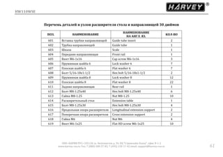 HW110WSE
ООО «ХАРВИ РУС» 105118, ш. Энтузиастов д. 34, БЦ "Стримлайн Плаза", офис В-1-2
www.harvey-rus.ru Тел. 7 (800) 500-27-83, 7 (495) 120-17-42 email: support@harvey-rus.ru 61
Перечень деталей и узлов расширителя стола и направляющей 30 дюймов
ПОЗ. НАИМЕНОВАНИЕ
НАИМЕНОВАНИЕ
НА АНГЛ. ЯЗ.
КОЛ-ВО
601 Вставка трубки направляющей Guide tube insert 2
602 Трубка направляющей Guide tube 1
603 Шкала Scale 1
604 Передняя направляющая Front rail 1
605 Винт M6-1x16 Cap screw M6-1x16 3
606 Пружинная шайба 6 Lock washer 6 7
607 Плоская шайба 6 Flat washer 6 7
608 Болт 5/16-18x1-1/2 Hex bolt 5/16-18x1-1/2 2
609 Пружинная шайба 8 Lock washer 8 12
610 Плоская шайба 8 Flat washer 8 22
611 Задняя направляющая Rear rail 1
612 Болт M8-1.25x40 Hex bolt M8-1.25x40 6
613 Гайка M8-1.25 Nut M8-1.25 10
614 Расширительный стол Extension table 1
615 Болт M8-1.25x30 Hex bolt M8-1.25x30 4
616 Продольная опора расширителя Longitudinal extension support 2
617 Поперечная опора расширителя Cross extension support 2
618 Гайка M6 Nut M6 4
619 Винт M6-1x25 Flat HD screw M6-1x25 10
 