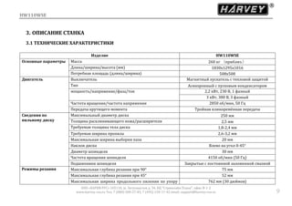HW110WSE
ООО «ХАРВИ РУС» 105118, ш. Энтузиастов д. 34, БЦ "Стримлайн Плаза", офис В-1-2
www.harvey-rus.ru Тел. 7 (800) 500-27-83, 7 (495) 120-17-42 email: support@harvey-rus.ru 9
3. ОПИСАНИЕ СТАНКА
3.1 ТЕХНИЧЕСКИЕ ХАРАКТЕРИСТИКИ
Изделие HW110WSE
Основные параметры Масса 260 кг （приблиз.）
Длина/ширина/высота (мм) 1830x1295x1016
Потребная площадь (длина/ширина) 508х508
Двигатель Выключатель Магнитный пускатель с тепловой защитой
Тип Асинхронный с пусковым конденсатором
мощность/напряжение/фаза/ток 2,2 кВт, 230 В, 1 фазный
3 кВт, 380 В, 3 фазный
Частота вращения/частота напряжения 2850 об/мин, 50 Гц
Передача крутящего момента Тройная клиноремённая передача
Сведения по
пильному диску
Максимальный диаметр диска 250 мм
Толщина расклинивающего ножа/расширителя 2,5 мм
Требуемая толщина тела диска 1,8-2,4 мм
Требуемая ширина пропила 2,6-3,2 мм
Максимальная ширина выборки паза 20 мм
Наклон диска Влево на угол 0-45°
Диаметр шпинделя 30 мм
Частота вращения шпинделя 4150 об/мин (50 Гц)
Подшипники шпинделя Закрытые с постоянной заложенной смазкой
Режимы резания Максимальная глубина резания при 90° 75 мм
Максимальная глубина резания при 45° 52 мм
Максимальная ширина продольного пиления по упору 762 мм (30 дюймов)
 