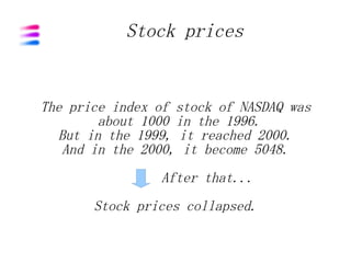 Stock prices


The price index of stock of NASDAQ was
        about 1000 in the 1996.
  But in the 1999, it reached 2000.
   And in the 2000, it become 5048.
                After that...
       Stock prices collapsed.
 