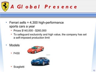 A Global Presence Ferrari sells ≈ 4,300 high-performance  sports cars a year Prices $140,000 - $260,000 To safeguard exclusivity and high value, the company has set a self-imposed production limit  Models  F430 Scaglietti   