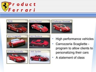 Product Ferrari High performance vehicles Carrozzeria Scagliette - program to allow clients to personalizing their cars A statement of class  