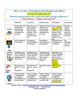 Mrs. Levine’s Second Grade Homework Sheet
                       Week of February 6th
    “Berkeley puts people in the world who make a positive difference.”
                  Class Pictures – Friday, February 10th
             MONDAY                TUESDAY               WEDNESDAY             THURSDAY              WEEKEND

             Read an RC book       Reread your A-Z       Read an RC book       Reread your A-Z       Read for at
             and discuss it        book. Read an         and discuss it        book. A-Z quiz        least 30
 Reading     with someone.         RC book and           with someone.         tomorrow. Read        minutes.
             Write the title       discuss it with       Write the title       an RC book and        Write the
             and minutes in        someone. Write        and minutes in        discuss it with       titles and
             your log.             the titles and        your log.             someone. Write        minutes in
                                   minutes in your                             the title and         your log.
                                   log.                                        minutes in your
                                                                               log.
             Do XtraMath for       Do Math 8.1.          Do Math 8.2.          Do Math 8.3. Do       Do
             5-10 minutes.         Do XtraMath for       Do XtraMath for       XtraMath for 5-       XtraMath
                                   5-10 minutes.         5-10 minutes.         10 minutes.           for 5-10
                                                                                                     minutes.


  Math
 Spelling    Spellingcity.com      Spellingcity.com      Spellingcity.com      Spellingcity.com
Phonics &    Fill in 10 spelling   Fill in 10 spelling   Fill in 10 spelling   Fill in 10 spelling
Writing      words. Click on       words. Click on       words. Click on       words. Click on
             Spelling test and     Play a Game –         Play a Game –         Play a Game –
             take the test.        play Hang Mouse.      play Word             play Unscramble.
                                                         Search.               Dictated
                                                                               sentences
                                                                               tomorrow.
             Reread story on       Reread story on       Do puzzle on page     Study for quiz
             page 79. Answer       page 79. Answer       81.                   tomorrow.
             Q                     Q
Wordly       on page 80.           on page 80.
Wise
             Study ‘La Ropa        Study ‘La Ropa        Study ‘La Ropa        Study ‘La Ropa
             1’ (clothing) on      1’ (clothing) on      1’ (clothing) on      1’ (clothing) on
             the Spanish           the Spanish           the Spanish           the Spanish
             Learning Link for     Learning Link for     Learning Link for     Learning Link for
             Second Grade.         Second Grade.         Second Grade.         Second Grade.
                                                                               Quiz tomorrow.
 Spanish
        Spanish website – http://school.berkeleyprep.org/lower/llinks/spanlinks/Spanish2nd.htm
                                    Spellingcity.com     xtraMath.com
                                            wordlywise3000.com
 