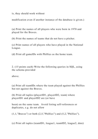 is, they should work without
modification even if another instance of the database is given.)
(a) Print the names of all players who were born in 1970 and
played for the Braves.
(b) Print the names of teams that do not have a pitcher.
(c) Print names of all players who have played in the National
League.
(d) Print all gameIDs with Phillies as the home team.
2. (15 points each) Write the following queries in SQL, using
the schema provided
above.
(a) Print all teamIDs where the team played against the Phillies
but not against the Braves.
(b) Print all tuples (playerID1, playerID2, team) where
playerID1 and playerID2 are (or have
been) on the same team. Avoid listing self-references or
duplicates, e.g. do not allow
(1,1,”Braves”) or both (2,5,”Phillies”) and (5,2,”Phillies”).
(c) Print all tuples (teamID1, league1, teamID2, league2, date)
 