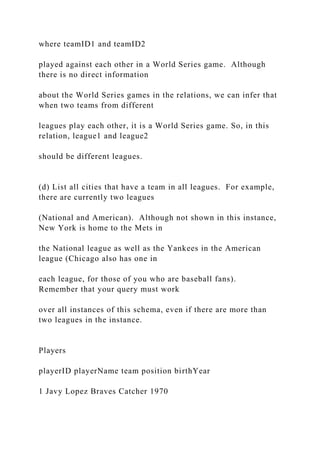 where teamID1 and teamID2
played against each other in a World Series game. Although
there is no direct information
about the World Series games in the relations, we can infer that
when two teams from different
leagues play each other, it is a World Series game. So, in this
relation, league1 and league2
should be different leagues.
(d) List all cities that have a team in all leagues. For example,
there are currently two leagues
(National and American). Although not shown in this instance,
New York is home to the Mets in
the National league as well as the Yankees in the American
league (Chicago also has one in
each league, for those of you who are baseball fans).
Remember that your query must work
over all instances of this schema, even if there are more than
two leagues in the instance.
Players
playerID playerName team position birthYear
1 Javy Lopez Braves Catcher 1970
 