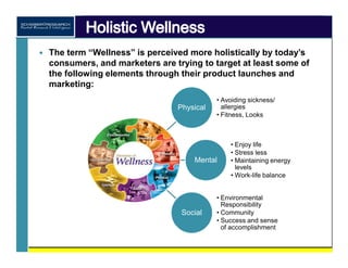 The term “Wellness” is perceived more holistically by today’s
consumers, and marketers are trying to target at least some ...