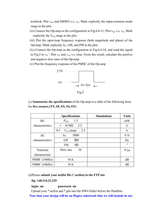 textbook. Plot vout and ID(M5) v.s. vin. Mark explicitly the input-common mode
  range in the plot.
 (ii) Connect the Op-amp as the configuration in Fig.6.6-11. Plot vout v.s. vin. Mark
    explicitly the Vout range in the plot.
 (iii) Plot the open-loop frequency response (both magnitude and phase) of the
  Op-amp. Mark explicitly AV, GB, and PM in the plot.
 (iv) Connect the Op-amp as the configuration in Fig.6.6-14, and send the signal
  in Fig.2 to vin+. Plot vin and vout v.s. time. From this result, calculate the positive
  and negative slew rates of the Op-amp.
 (v) Plot the frequency response of the PSRR+ of the Op-amp




                                             Fig.2


(c) Summarise the specifications of the Op-amp in a table of the following form
for five corners (TT, SF, FS, SS, FF).


                              Specifications             Simulations             Units
         DC                    Pdiss   1.5                                        mW
    characteristics       1     ICMR         2.5                                   V
                       0.5      Vout range      2.5                                V
         AC                   AV      5000                                        V/V
    characteristics            GB                                                 Hz
                               PM
      Transient           Slew rate          10                                  V/µs
    characteristic
   PSRR+ (100Hz)                    N/A                                           dB
   PSRR+ (10kHz)                    N/A                                           dB


(d)Please submit your netlist file (*.netlist) to the FTP site
  ftp: 140.114.23.229
  login: aic           password: aic
  Upload your *.netlist and *.gds into the HW4 folder before the Deadline
Note that your design will be an Hspice subcircuit that we will include in our
 