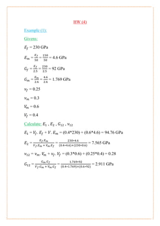 )4HW (
Example (1):
Givens:
= 230 GPa
= = = 4.6 GPa
= = = 92 GPa
= = = 1.769 GPa
= 0.25
= 0.3
= 0.6
= 0.4
,,,:Calculate
= . + . = (0.4*230) + (0.6*4.6) = 94.76 GPa
= = = 7.565 GPa
= . + . = (0.3*0.6) + (0.25*0.4) = 0.28
= = = 2.911 GPa
 