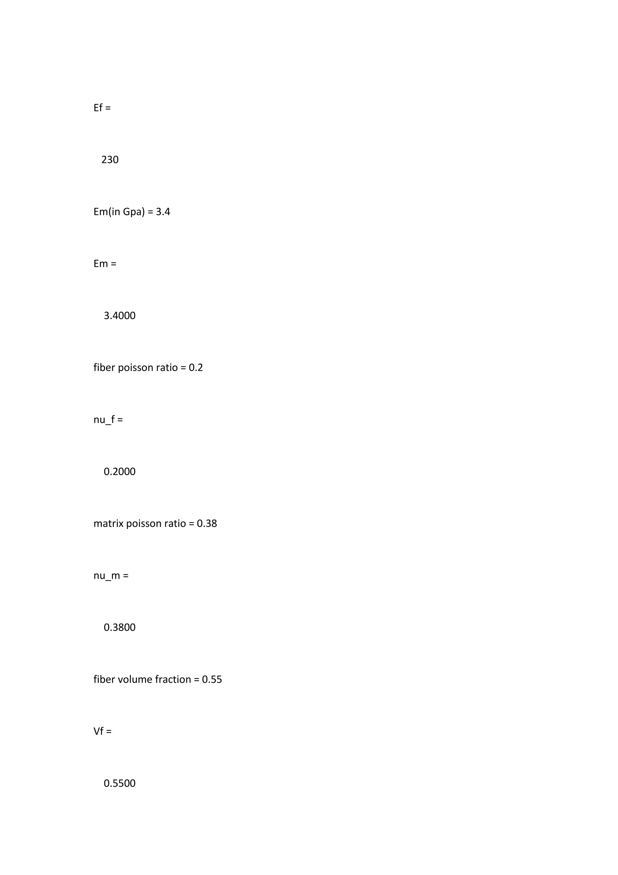 Ef =
230
Em(in Gpa) = 3.4
Em =
3.4000
fiber poisson ratio = 0.2
nu_f =
0.2000
matrix poisson ratio = 0.38
nu_m =
0.3800
fiber volume fraction = 0.55
Vf =
0.5500
 
