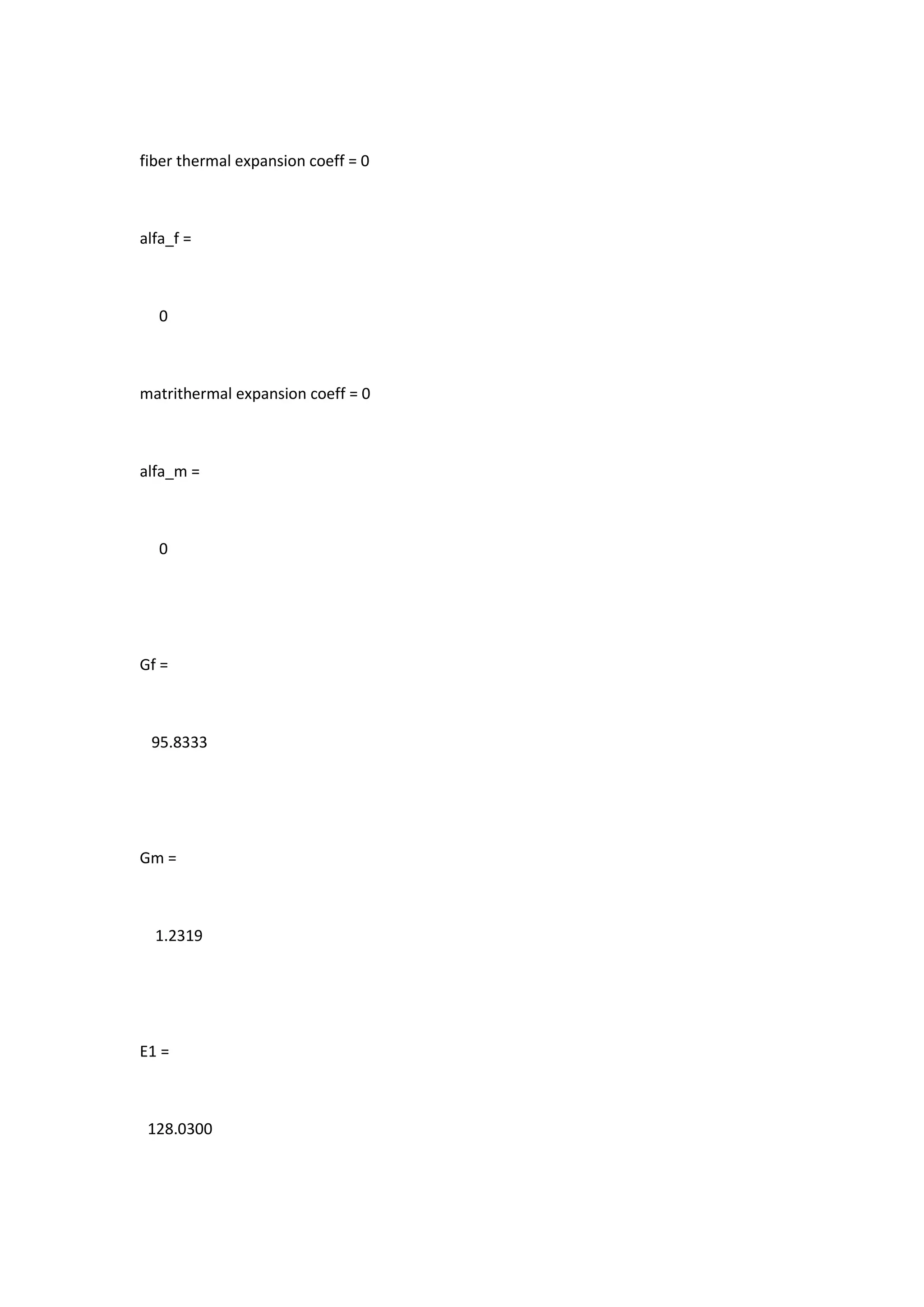 fiber thermal expansion coeff = 0
alfa_f =
0
matrithermal expansion coeff = 0
alfa_m =
0
Gf =
95.8333
Gm =
1.2319
E1 =
128.0300
 