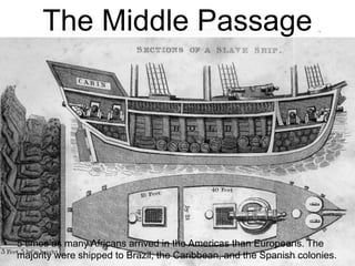The Middle Passage
• 5 times as many Africans arrived in the Americas than Europeans. The
majority were shipped to Brazil, the Caribbean, and the Spanish colonies.
 