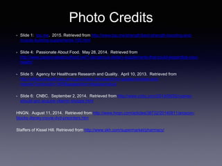 Photo Credits
• Slide 1: top.me. 2015. Retrieved from http://www.top.me/strength/best-strength-boosting-and-
muscle-building-supplements-195.html
• Slide 4: Passionate About Food. May 28, 2014. Retrieved from
http://www.passionateaboutfood.net/7-dangerous-dietary-supplements-that-could-jeopardize-your-
health/
• Slide 5: Agency for Healthcare Research and Quality. April 10, 2013. Retrieved from
http://effectivehealthcare.ahrq.gov/index.cfm/search-for-guides-reviews-and-
reports/?productid=1455&pageaction=displayproduct
• Slide 6: CNBC. September 2, 2014. Retrieved from http://www.cnbc.com/2014/09/02/cramer-
should-gnc-acquire-vitamin-shoppe.html
HNGN. August 11, 2014. Retrieved from http://www.hngn.com/articles/38732/20140811/amazon-
blocks-disney-movie-dvd-preorders.htm
Staffers of Kissel Hill. Retrieved from http://www.skh.com/supermarket/pharmacy/
 